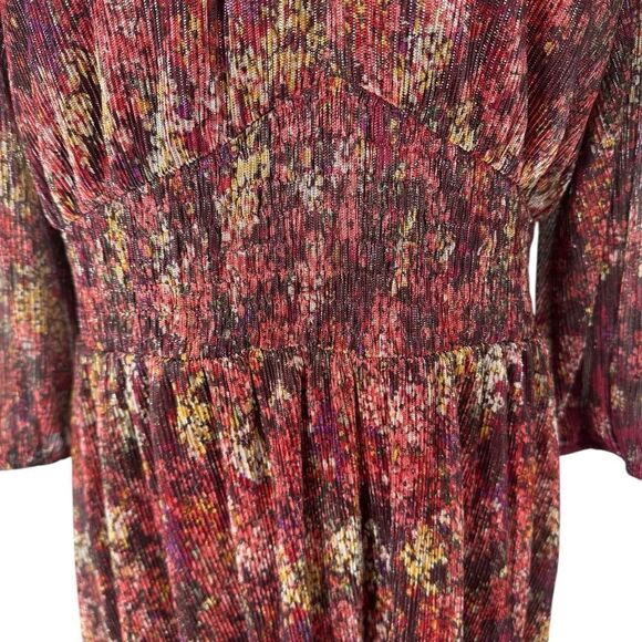 Maison Tara Curvy Size 14 Maroon Red Floral Metallic Pleat Fabric Dress - Picture 5 of 11
